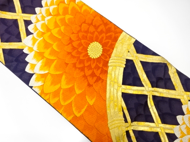 JAPANESE KIMONO / ANTIQUE FUKURO OBI / SILK / WOVEN FENCE & KIKU